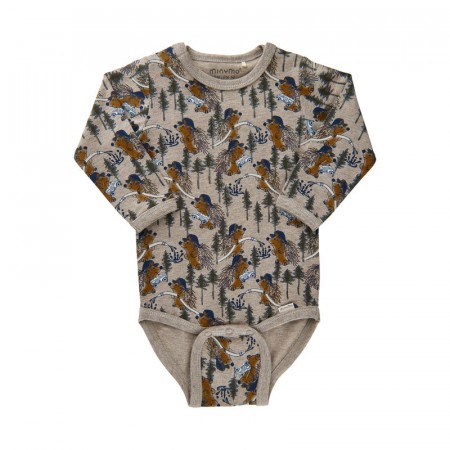 Minymo Body Baby Langermet Skogsdyrprint Beige Melange