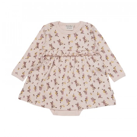 Minymo Kjole Baby Langermet Rib Blomsterprint Peach Wip (Kun str 62 og 80)