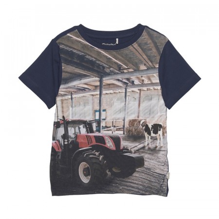Minymo T-skjorte Barn Kortermet Traktorprint Black Iris (Kun str 104 og 116)