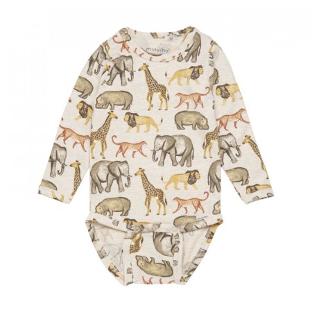 Minymo Body Baby Langermet Dyreprint Beige Melange (Kun str 56 og 74)
