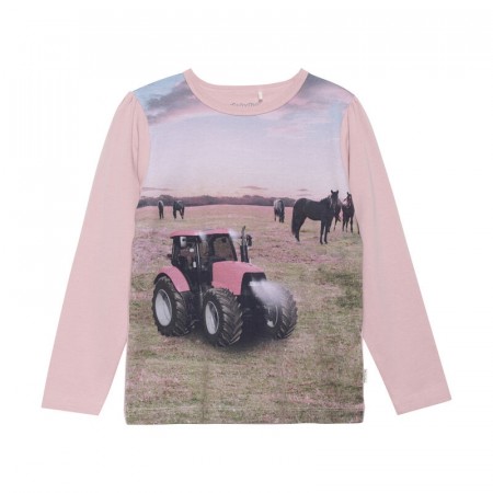 Minymo T-skjorte Barn Langermet Traktor Hester Pale Mauve (Kun str 92, 98 og 110)
