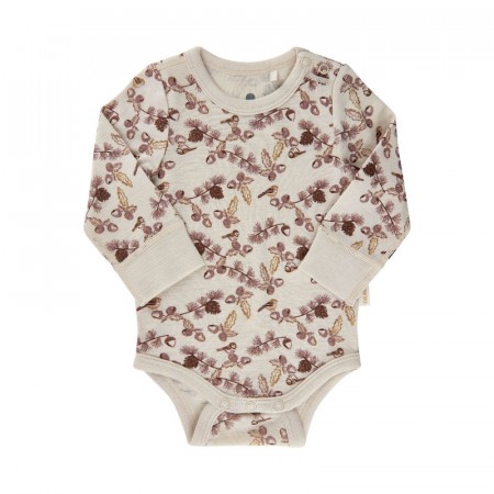 Celavi Ullbody Baby Langermet Fugleprint Burlwood (Kun str 60)
